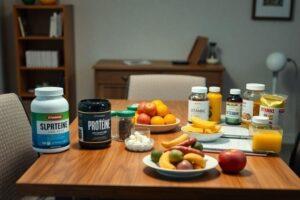 Pode tomar suplemento sem malhar? Na mesa tem exemplos de alimentos saudáveis e também suplementos alimentares.