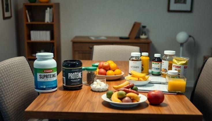 Uma mesa com alimentação saudável e suplementos alimentares