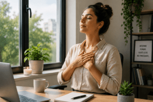 Saúde e bem-estar uma mulher num momento de respiração consciente próximo à janela